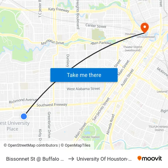 Bissonnet St @ Buffalo Speedway to University Of Houston-Downtown map