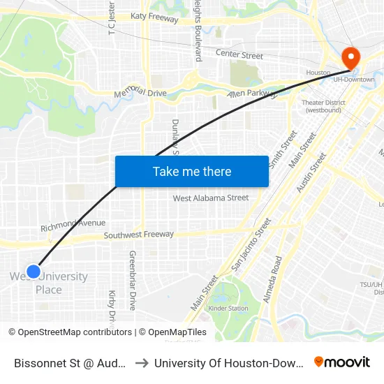 Bissonnet St @ Auden St to University Of Houston-Downtown map
