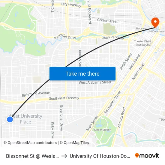 Bissonnet St @ Weslayan St to University Of Houston-Downtown map