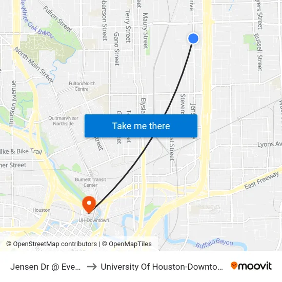 Jensen Dr @ Evella to University Of Houston-Downtown map