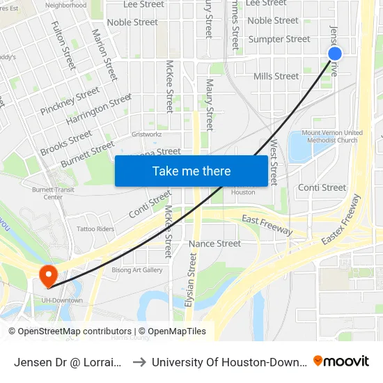 Jensen Dr @ Lorraine St to University Of Houston-Downtown map