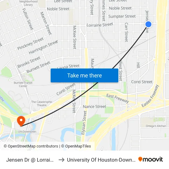 Jensen Dr @ Lorraine St to University Of Houston-Downtown map