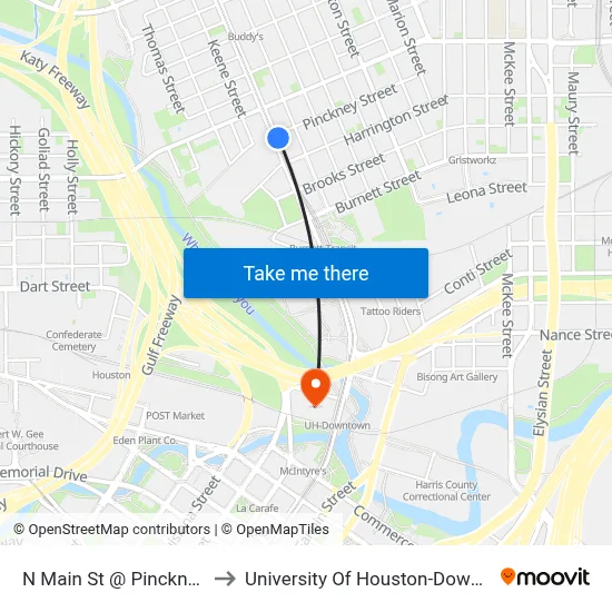 N Main St @ Pinckney St to University Of Houston-Downtown map