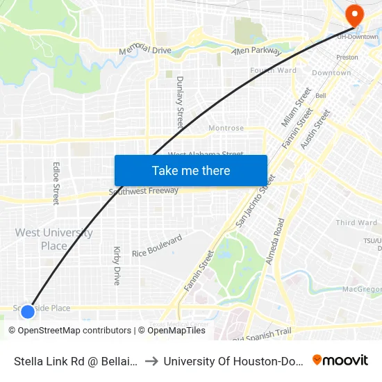 Stella Link Rd @ Bellaire Blvd to University Of Houston-Downtown map