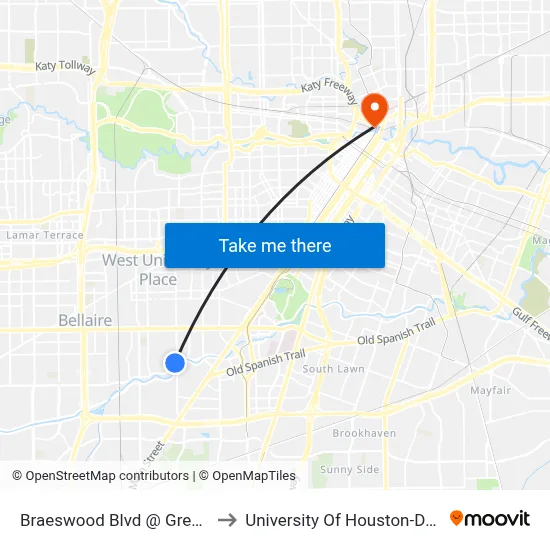 Braeswood Blvd @ Grennoch Ln to University Of Houston-Downtown map