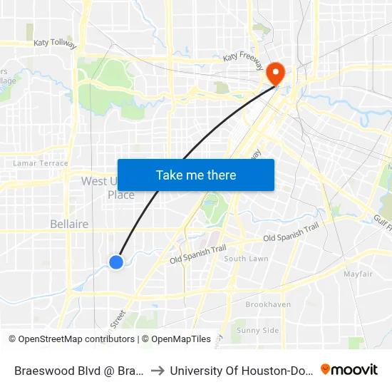 Braeswood Blvd @ Braes Blvd to University Of Houston-Downtown map