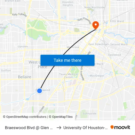 Braeswood Blvd @ Glen Arbor Dr MB to University Of Houston-Downtown map
