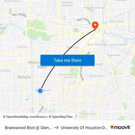 Braeswood Blvd @ Glen Arbor Dr to University Of Houston-Downtown map