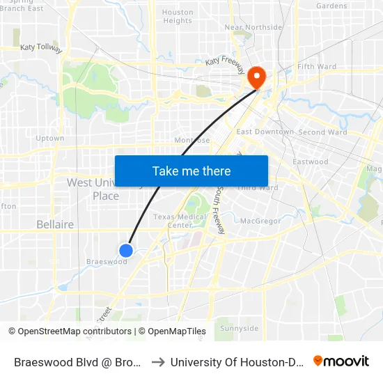 Braeswood Blvd @ Brompton St to University Of Houston-Downtown map