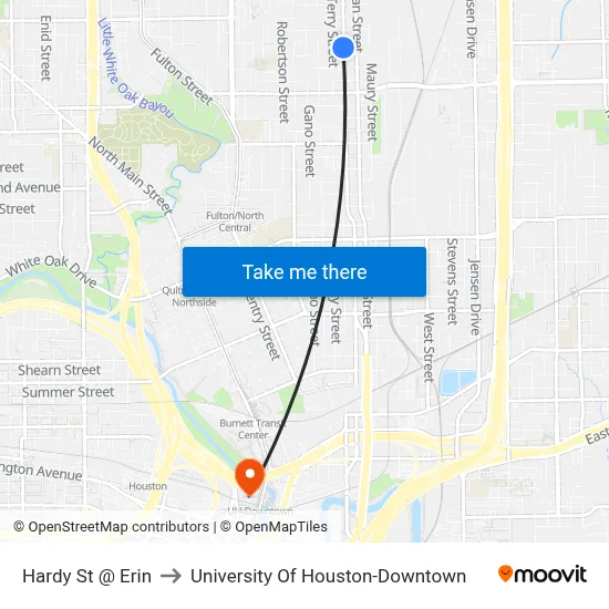 Hardy St @ Erin to University Of Houston-Downtown map