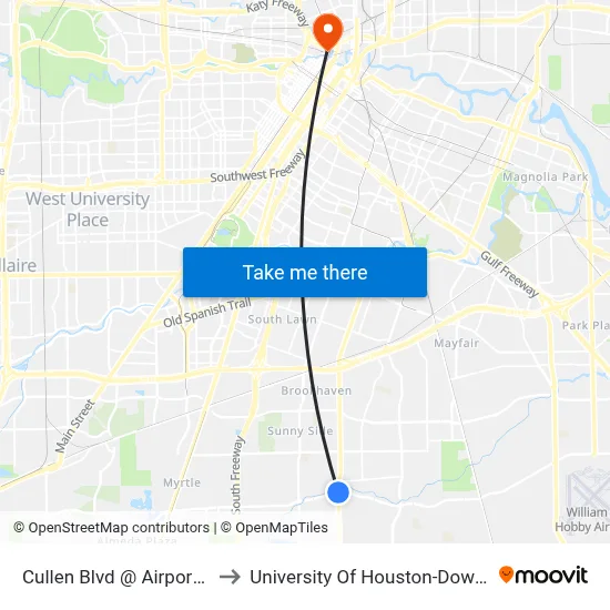 Cullen Blvd @ Airport Blvd to University Of Houston-Downtown map