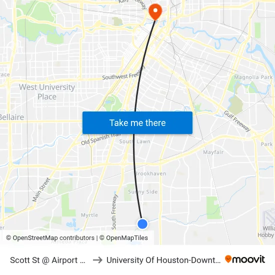 Scott St @ Airport Blvd to University Of Houston-Downtown map
