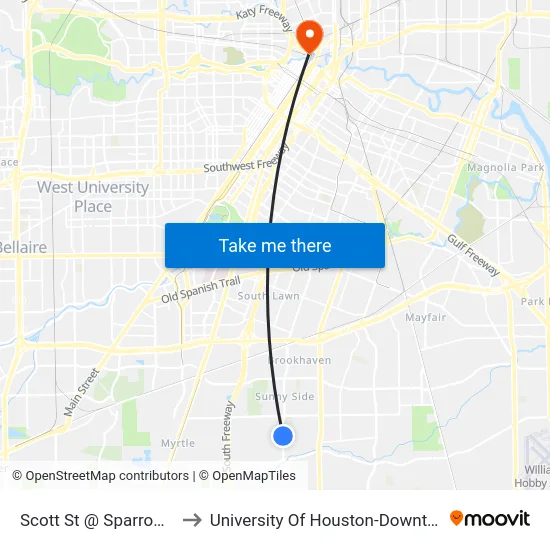 Scott St @ Sparrow St to University Of Houston-Downtown map