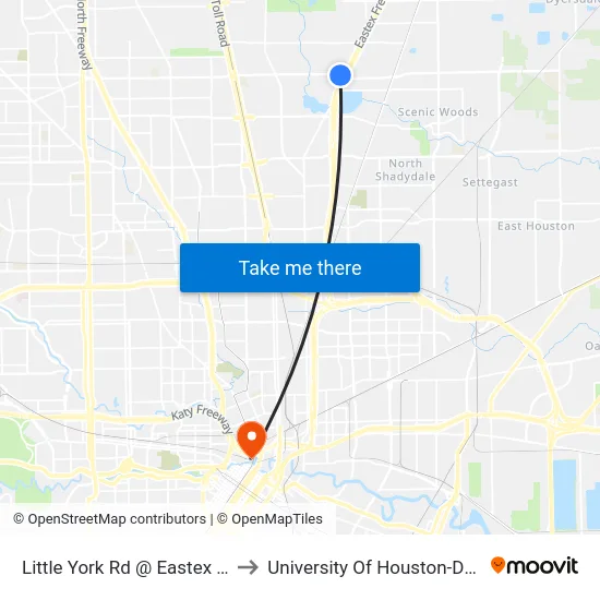 Little York Rd @ Eastex Freeway to University Of Houston-Downtown map