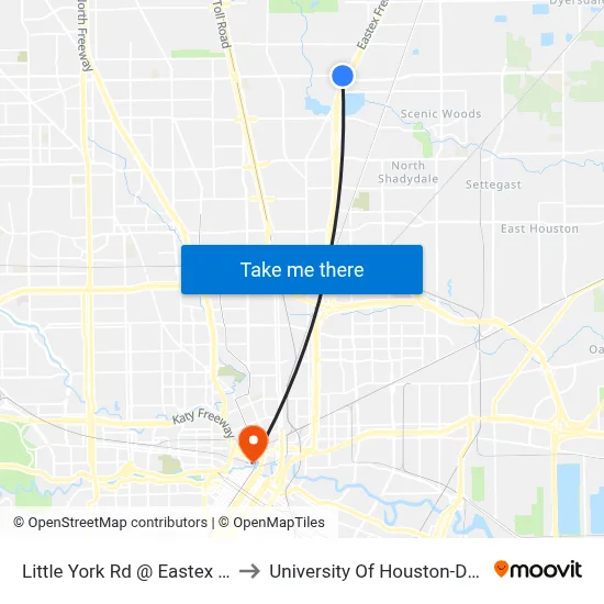 Little York Rd @ Eastex Freeway to University Of Houston-Downtown map