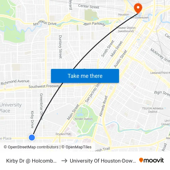 Kirby Dr @ Holcombe Blvd to University Of Houston-Downtown map