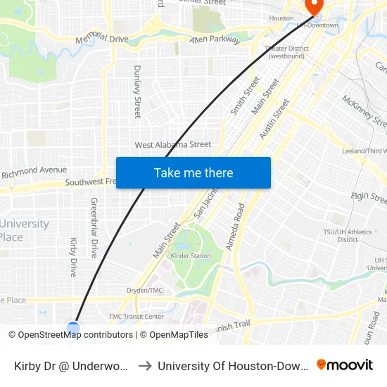 Kirby Dr @ Underwood Rd to University Of Houston-Downtown map