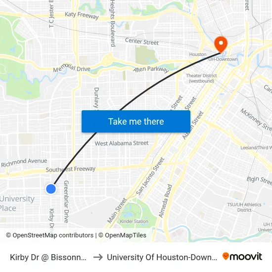 Kirby Dr @ Bissonnet St to University Of Houston-Downtown map