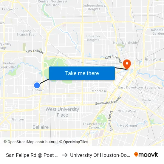San Felipe Rd @ Post Oak Ln to University Of Houston-Downtown map