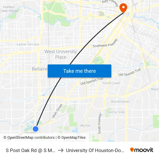S Post Oak Rd @ S Main St to University Of Houston-Downtown map