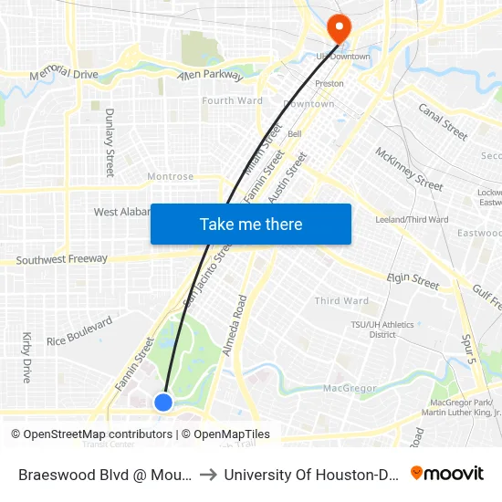 Braeswood Blvd @ Moursund St to University Of Houston-Downtown map