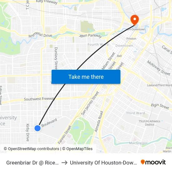 Greenbriar Dr @ Rice Blvd to University Of Houston-Downtown map