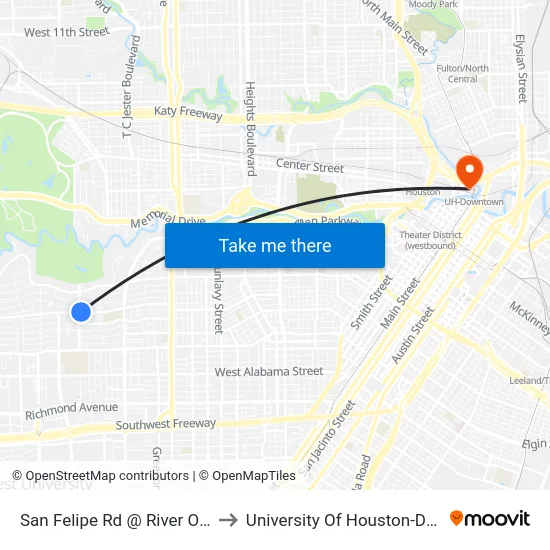 San Felipe Rd @ River Oaks Blvd to University Of Houston-Downtown map