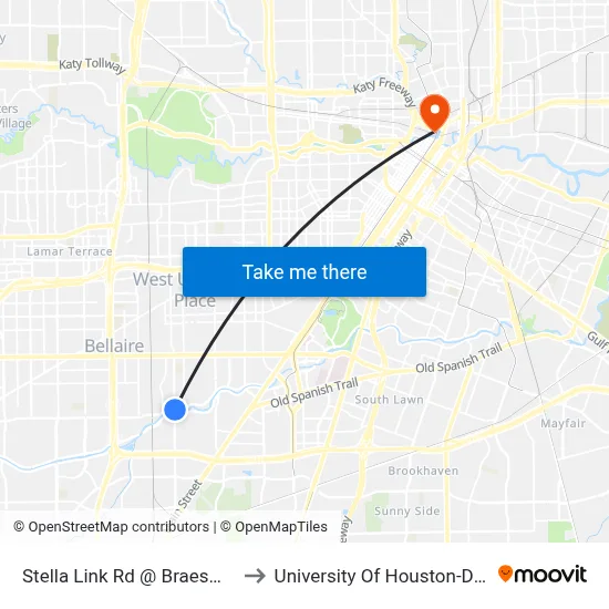Stella Link Rd @ Braeswood Blvd to University Of Houston-Downtown map