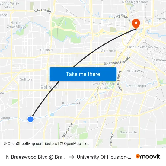 N Braeswood Blvd @ Braesmont Dr to University Of Houston-Downtown map