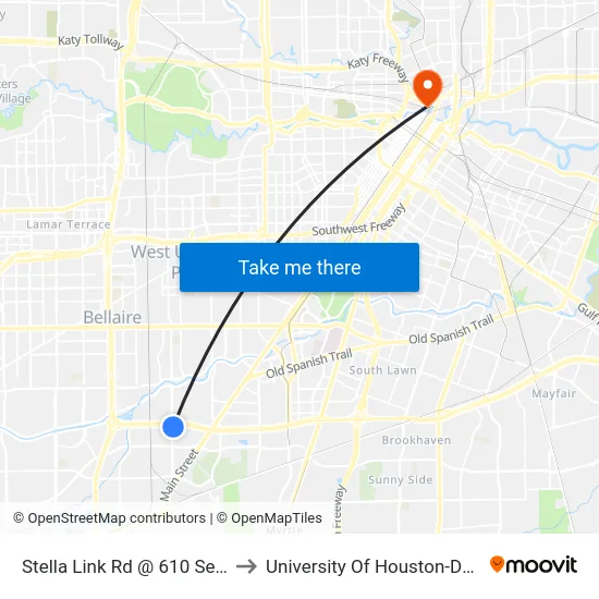 Stella Link Rd @ 610 Service Rd to University Of Houston-Downtown map