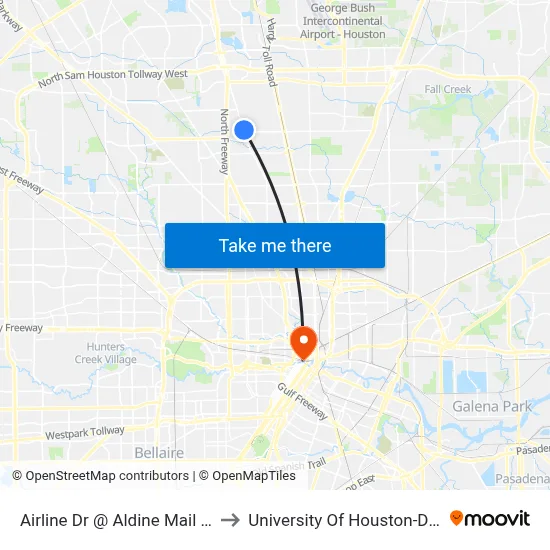 Airline Dr @ Aldine Mail Route Rd to University Of Houston-Downtown map