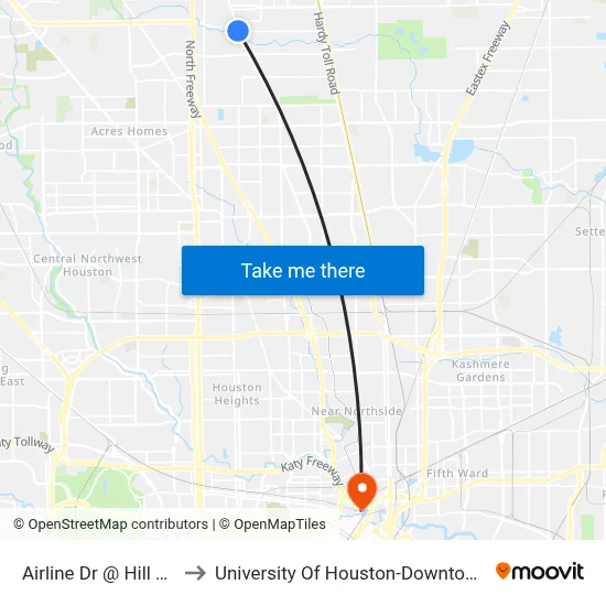 Airline Dr @ Hill Rd to University Of Houston-Downtown map