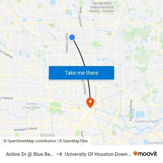 Airline Dr @ Blue Bell Rd to University Of Houston-Downtown map