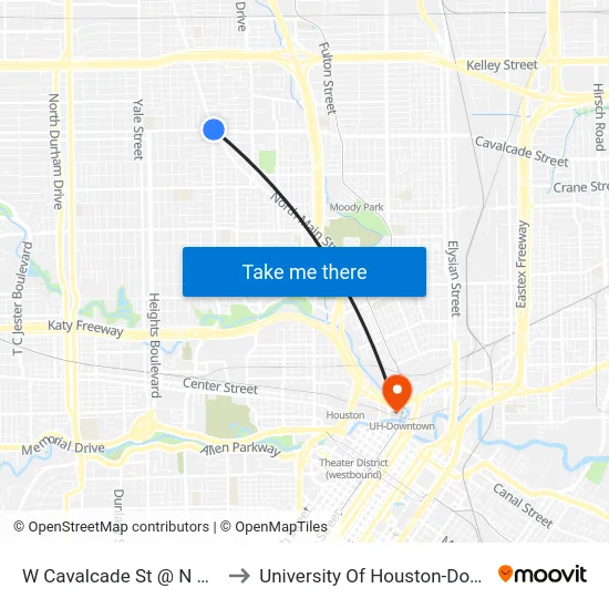 W Cavalcade St @ N Main St to University Of Houston-Downtown map