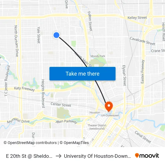 E 20th St @ Sheldon St to University Of Houston-Downtown map