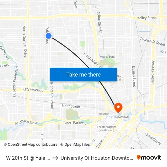 W 20th St @ Yale St to University Of Houston-Downtown map