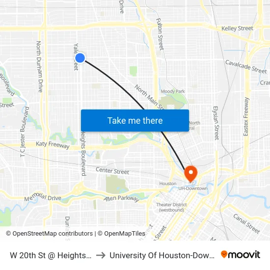 W 20th St @ Heights Blvd to University Of Houston-Downtown map