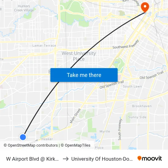 W Airport Blvd @ Kirkside Dr to University Of Houston-Downtown map