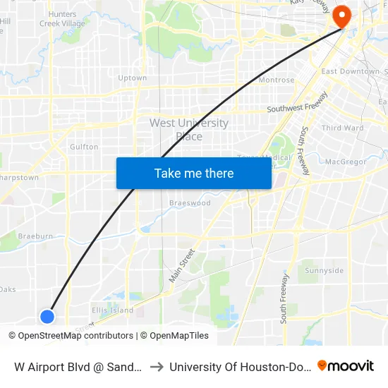 W Airport Blvd @ Sandpiper Dr to University Of Houston-Downtown map