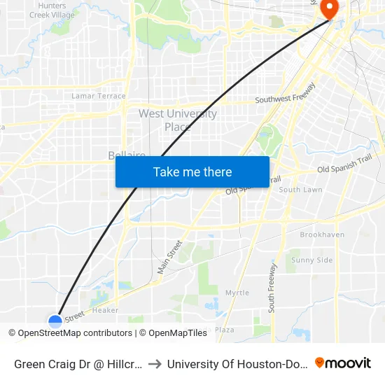 Green Craig Dr @ Hillcroft Ave to University Of Houston-Downtown map