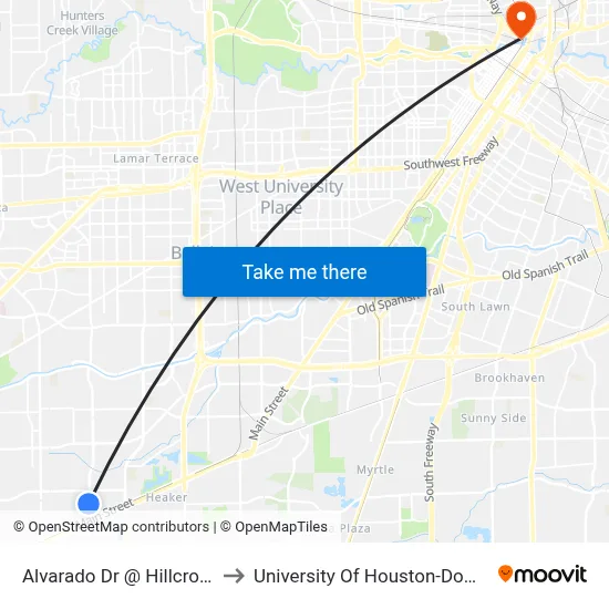 Alvarado Dr @ Hillcroft Ave to University Of Houston-Downtown map