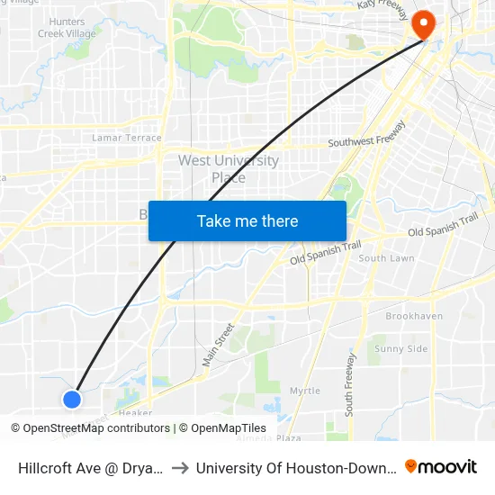 Hillcroft Ave @ Dryad Dr to University Of Houston-Downtown map