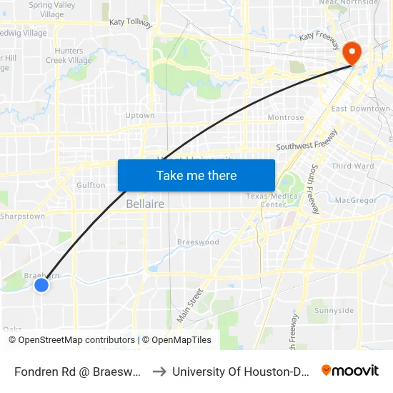 Fondren Rd @ Braeswood Blvd to University Of Houston-Downtown map