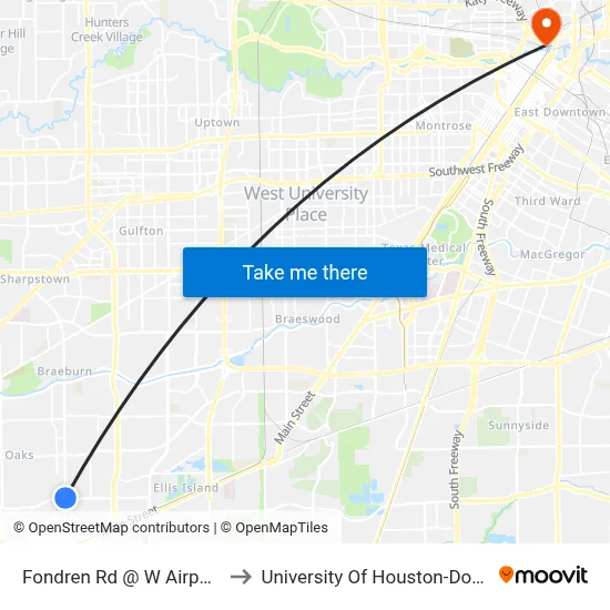 Fondren Rd @ W Airport Blvd to University Of Houston-Downtown map