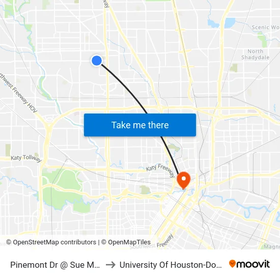 Pinemont Dr @ Sue Marie Ln to University Of Houston-Downtown map