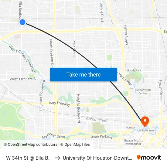 W 34th St @ Ella Blvd to University Of Houston-Downtown map