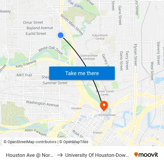 Houston Ave @ North St to University Of Houston-Downtown map