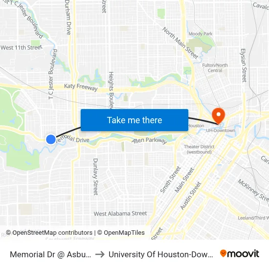 Memorial Dr @ Asbury St to University Of Houston-Downtown map