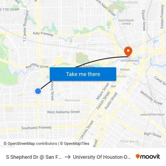 S Shepherd Dr @ San Felipe Rd to University Of Houston-Downtown map