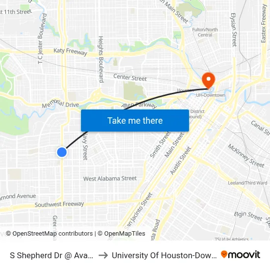 S Shepherd Dr @ Avalon Pl to University Of Houston-Downtown map